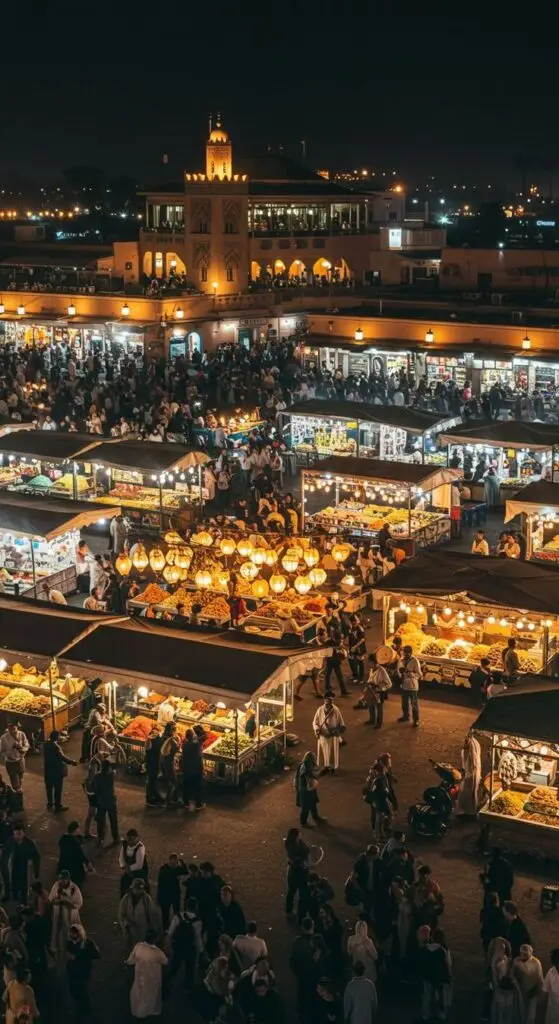 Vibrant evening scene of Jemaa el-Fna square in Marrakech with street performers, lights, and bustling market crowds.